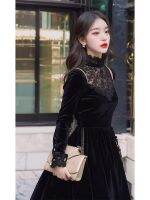 High-end original Black velvet dress for formal occasions elegant womens high-end French palace style banquet dress autumn