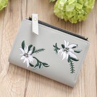 Womens Wallet Flower Embroidery Short Zipper Coin Purses Pu Leather Female Hasp Solid Color Card Holder Clutch Money Clip