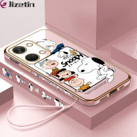 Jizetin สำหรับ OnePlus Nord 3 5G เคสขอบสี่เหลี่ยมลายการ์ตูนสนูปี้ชาร์ลีฟรีสายคล้องชุบเคสโทรศัพท์หรูหราชุบเคสโทรศัพท์นิ่ม