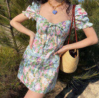 Womens Flower print drawstring square collar y puff sleeve dress