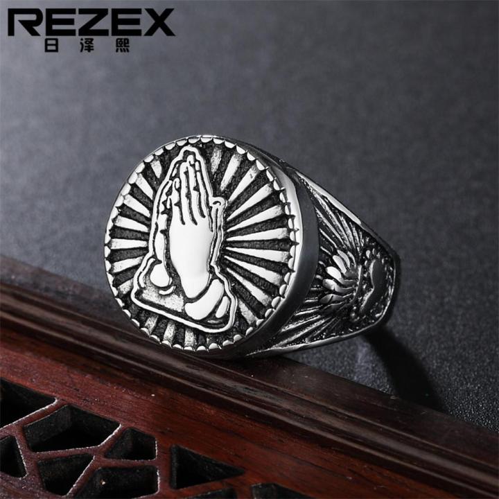 rezex-เครื่องประดับใหม่ย้อนยุคสวดมนต์เหล็กไทเทเนียมผู้ชายแหวน