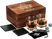 W WHISKOFF Square Whiskey Glass Set of 2 - Whiskey Stones Gift Set - Scotch Bourbon Glasses - Whisky Rocks Chilling Stones in Wooden Box - Burbon Gift Set for Dad Husband - Cool Idea for Birthday, Fathers Day