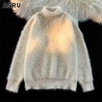 ASRV เสื้อกันหนาวผู้ชายสีทึบฤดูหนาวแฟชั่นเกาหลีเลียนแบบมิงค์ถักอบอุ่นด้านบนนุ่มสบาย