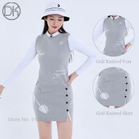 ◆✒ DK Women Warm Golf Sleeveless Vest Knitted Round Neck Waistcoat Ladies Button Up Golf Pencil Skirt High Waist Knitted Skort Sets