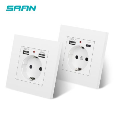 SRAN EU Power socket with usb charging for home Type-c Usb plug 5V 2A PC Panel 86*86mm Usb wall socket LED ON/OFF 16A Outlet