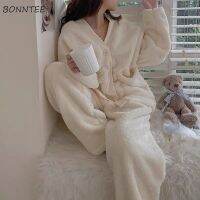 Women Pajama Sets V-neck Single Breasted Aesthetic Winter Full Length Tender All Match Feminino Homewear Cozy Warm Fashion Ins