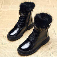 Waterproof Leather Snow Boots Woman Short Mink Hair   Womens Long Plush Warm Shoes Platforms Heel Footware Buckle Black