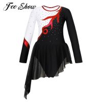 ☃ↂ Girls Ballet Leotards Costumes Long Sleeve Shiny Rhinestone Lyrical Dance Dress Bodysuit for Child Gymnastics Skating Dancewear