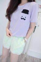 Hot !!! เสื้อแฟชั่น คอกลม แขนสั้น ลายหนวด สีม่วง 7024