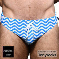 กางเกงว่ายน้ำชาย Andrew Christian Swimming Waves Bikini - White/Electric Blue by TonyJocks กางเกงว่ายน้ำชาย สีฟ้า/ขาว ลายคลื่น ลายเวฟ กางเกงในว่ายน้ำ กางเกงเล่นน้ำ Style 7909