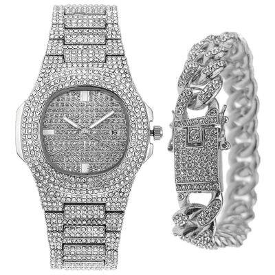Hot Seller The same watch for men and women Cuban bracelet set starry hip-hop diamond-encrusted European fashion with diamond gold trendy
