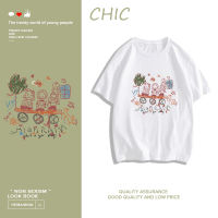 CHIC ผ้าฝ้ายแท้ มือวาดที่มีสีสันเรียบง่ายพิมพ์เสื้อยืดแขนสั้น สไตล์สบาย ๆ T0501