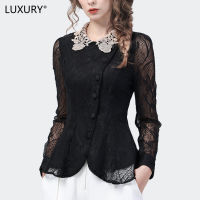 LUXURY Queen Europe Station 2023 New Hollow Lace Top Womens Long Sleeve Slim Underlay Black Versatile Waist  Blouse