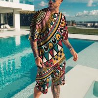 Summer Male Outdoor Tracksuits Shorts Sets2 Piece Casual O-Neck Tracksuit 3D Printed Oversized Mens Clothing Beach Sportwear