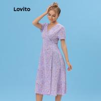 Lovito Boho Floral Print V Neck Flared Red A-Line Dress L01146 (RedPinkBlueYellowRed-1)