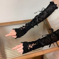 Lolita Fingerless ถุงมือ Ruffled ดอกไม้ลูกไม้ข้อศอกยืดหยุ่นถุงมือ Balletcore ถุงมือสำหรับงานแต่งงานเจ้าสาวถุงมือพรหม