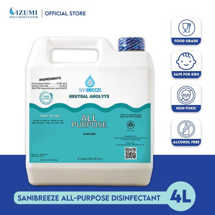 Sanibreeze All-Purpose Disinfectant + Sanitizer (4L), 100% Alcohol-FREE ...