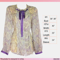 USED - Sheer Cream Purple Floral Top | เสื้อแขนยาวสีครีม สีม่วง เสื้อซีทรู ลายดอก ลายลูกน้ำ ตีเกล็ด ระบาย ทำงาน วินเทจ มือสอง