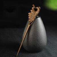 Green Sandalwood Peacock Hairpin Decorative Headdress with Smooth Edge for Pairing with Hanfu Style Clothes