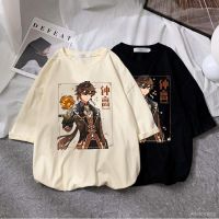 มีสินค้า เสื้อยืดเก็นชิน  Zhongli Genshin Impact Action Role-playing Game Clothes Print T Shirt Crewneck Cotton Tshirt Big Size F