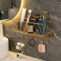 Bathroom Shelf Wall Mounted Storage Organizer Toilet Towel Holder Metal Golden Wall Shelf With Hooks Bathroom Accessories