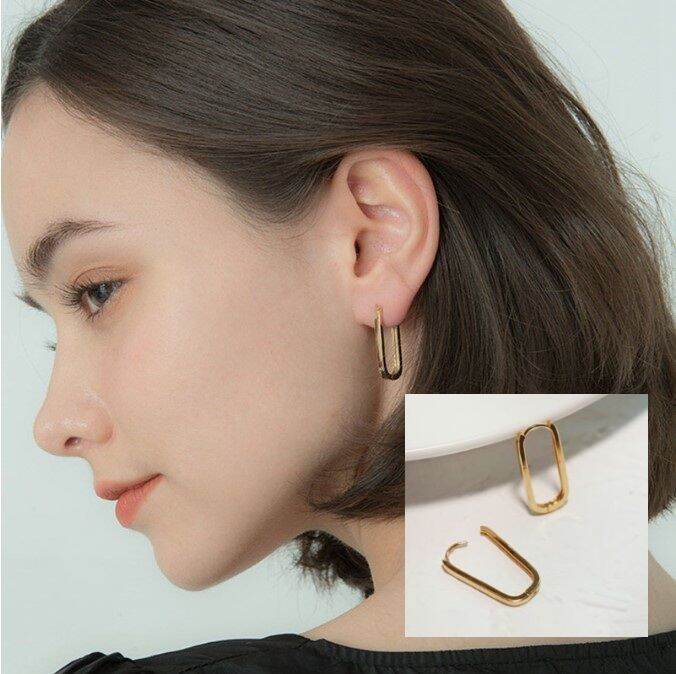 925 SilverPlated Korean Hoop Earrings Simple Small Rectangular Hoop