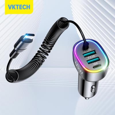 [Vktech] เครื่องชาร์จโทรศัพท์ในรถยนต์3พอร์ตพร้อมอะแดปเตอร์ไฟ LED สายพ่วง1.6ม. QC 3.0 PD 3.0 Quick Charger Mobil สำหรับ Huawei