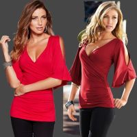 【cw】 European and American New Elastic Fabric Deep V Collar y All-Matching off-the-Shoulder Top AliExpress Best-Selling Leisure Top 9812