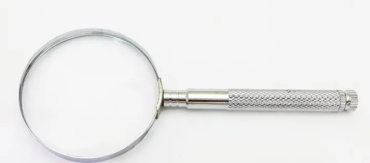 Vintage Hand Held Magnifying Glass in Pewter With Ribbed Metal Handle 10 Inch - UK