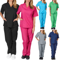 2PCSSet V-neck Women Scrub Suit Nursing Services Pocket T-Shirt Pants Solid Color Nurse Uniform Workwear Suit