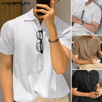 Beehoo INCERUN Mens Knitted Tees แขนสั้นคอปก Casual Henley Tops (สไตล์เกาหลี)