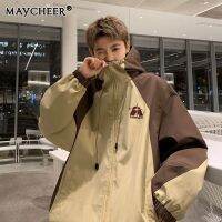 MAYCHEER แจ็กเก็ตผู้ชายสไตล์รัฟเฟียสกันน้ำกันลมมีฮู้ดทรงหลวมสีแจ็คเก็ตหนา