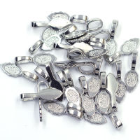 2021200Pcs Silver Tone Leaf Metal Glue on Bail Tags Pendants Base Jewelry DIY Findings 26x8mm