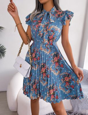 Women Elegant Floral Print Bow Slim Waist Pleated Dress For Summer