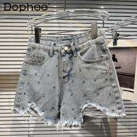 2022 Spring Summer New Rhinestone Beaded Frayed Hem Three Points Wide Leg Denim Shorts Women High Waist Hollow-out Jean Shorts