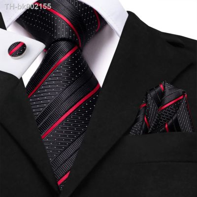 ♂ Black Red Striped Silk Wedding Tie For Men Handky Cufflink Gift Men Necktie Fashion Business Party Dropshiping Hi-Tie Designer