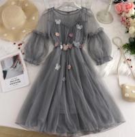 Sanishroly Summer Autumn Women Long A-Line Dress Sweet Floral Butterfly Lace Dress Female Short Sleeve Mesh Dress Vestidos CD086