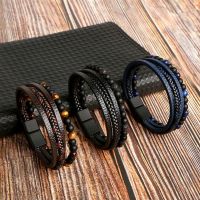 [ladies jewelry]สร้อยข้อมือหนังคุณภาพสูงผู้ชายแฟชั่นคลาสสิก Tiger Eye Beaded สร้อยข้อมือหนังหลายชั้นสำหรับผู้ชายเครื่องประดับ Gift