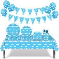 【JIU YU】∏☼☑  Céu azul e nuvens brancas Toalha de mesa para crianças capa de mesa descartável história do favor dos desenhos animados aniversário decoração do festival