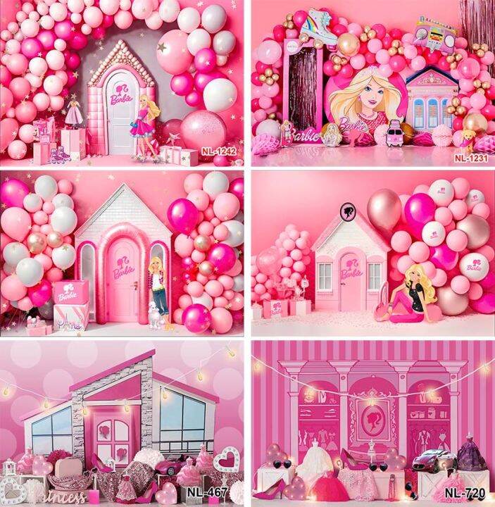 Pink Barbie Princess Backdrop Kids Girls Birthday Party Decoration