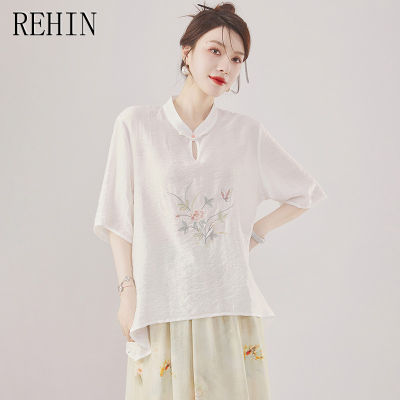 REHIN เสื้อเชิ้ตแขนสั้นชาติพันธุ์หลวมโอเวอร์ไซส์สไตล์ดั้งเดิมพร้อมเสื้อชีฟองปักสำหรับผู้หญิงมาใหม่ฤดูร้อน