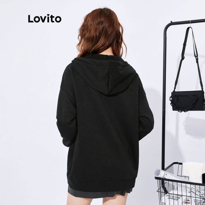 lovito-เสื้อสเวตเตอร์ลำลอง-สีพื้น-ลายโครงกระดูก-ประดับพลอยเทียม-สไตล์อเมริกัน-เรโทร-สำหรับทุกเพศ-l32fw037-สีดำ