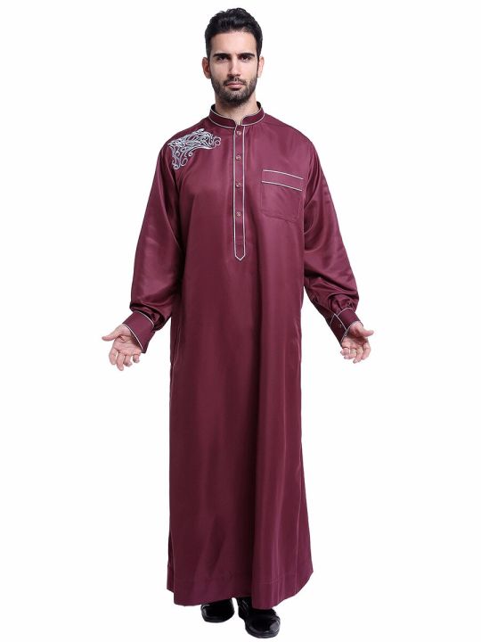 ชุดเดรสยาวเสื้อผ้ามุสลิมผู้ชาย-jua-thobe-คอตั้งอิสลามชุดเดรสดูไบอาหรับผ้าคลุมยาวอาบายามุสลิมชุดเดรสยาวกิโมโนคาฟตันซาอุดิอาระเบีย