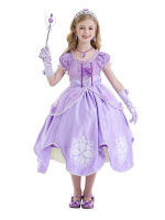 【cw】Princess Sophia the First Girls Party Dress up Puff Sleeve Ankle Length Sequined Tulle Fancy Kids Birthday Cosplay Costume Dress