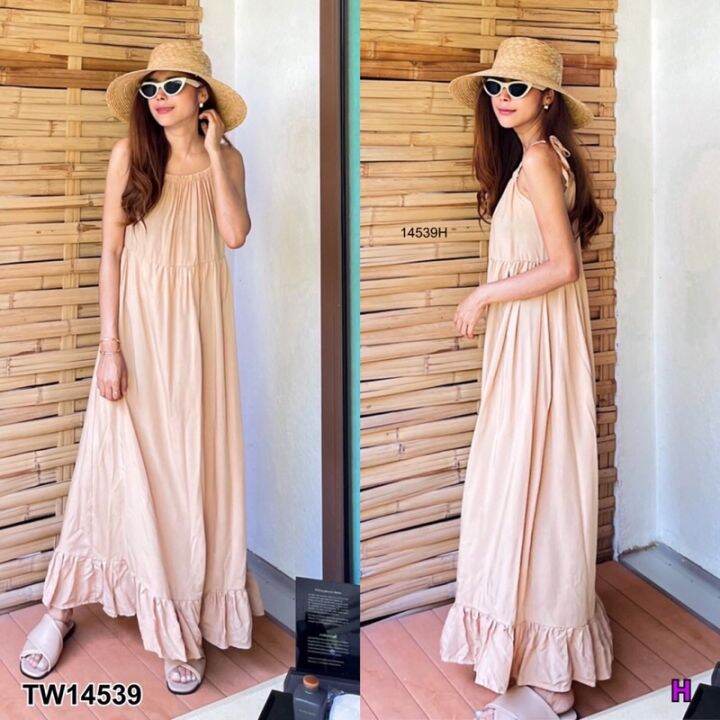 maxi-dress-เดรสยาวสายเดี่ยว-สายผูกปรับระดับเองได้-ช่วงอกดึงยางหน้าหลัง