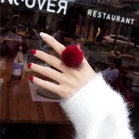 Women Girls Cute Furry Pom pom Ball Rings Fluffy Mink Fur Cocktail Party Finger Ring Band Fashion Jewelry Gift