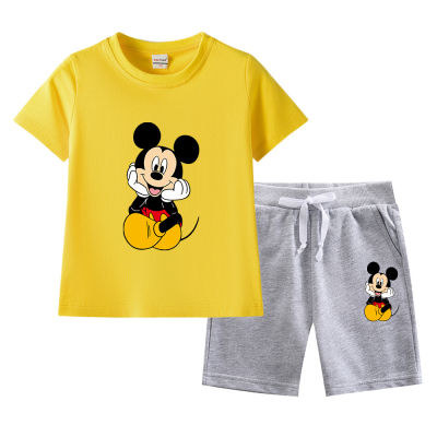 Mickeys กางเกงขาสั้นบาง2ชิ้นผ้าฝ้ายแขนสั้นเด็กเด็กผู้ชายเด็กผู้หญิงลำลองฤดูร้อน