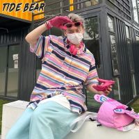 TIDE BEAR เสื้อถักแขนสั้นสำหรับผู้ชาย,เสื้อถักเสื้อคาร์ดิแกนลำลองและทรงหลวมสีสันสดใส