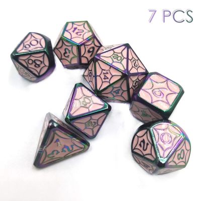 ；。‘【； 7Pcs/Set Pink Metal Polyhedral Dice Set D4 D6 D8 D10 D12 D20 Board Game Role Playing Dice