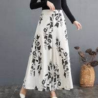 กางเกงผู้หญิงกางเกง Culottes ขากว้าง Sablon Bunga สีตัดกันความยาวข้อเท้าลึกเป้าเอวสูงหลวมกางเกงสตรีบางสง่างามขนาดใหญ่